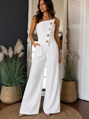 White Strapless Corset Wide Leg Jumpsuit Gold Button Detail Boutique